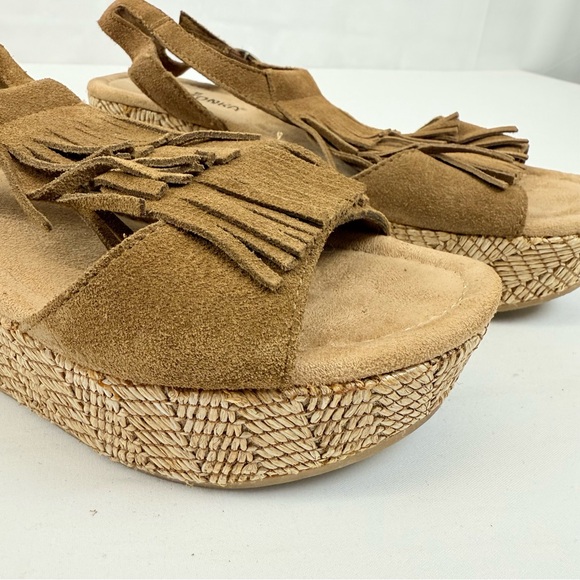 Minnetonka Central Leather Suede Moccasin Wedge Fringe Sandals Size 7‎ Brown - Picture 3 of 8